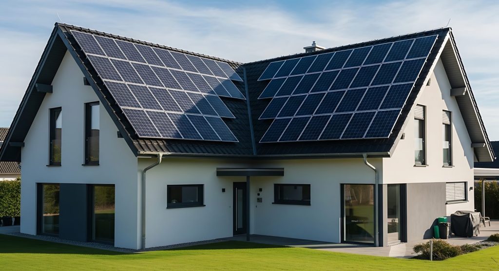 Haus mit Solarpanelen auf Dach
